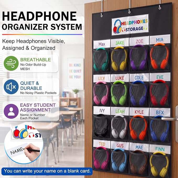 AmazingSpark 16 Pockets Classroom Headphone Storage Thickened Non-woven Fabric Mesh Pocket Chart over The Door Hanging Cell Phone Organizer with Signed Card for Back to School Library Classroom,Black