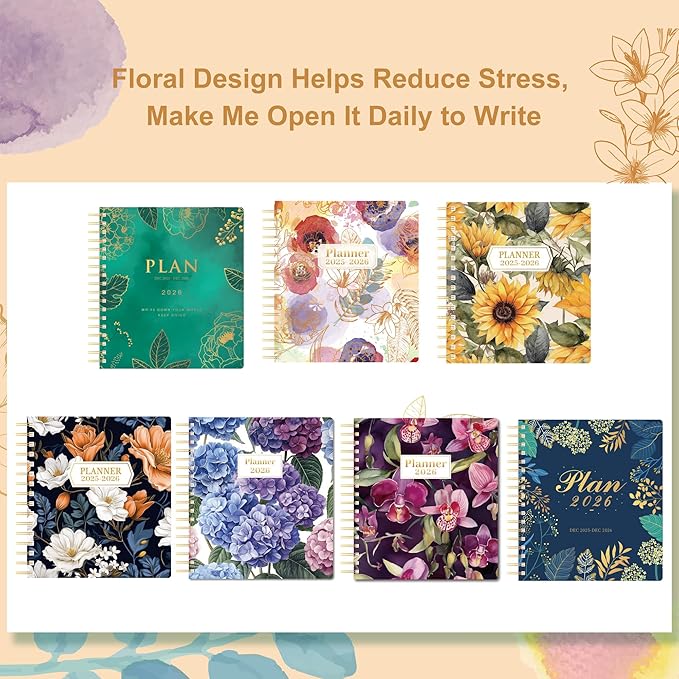 CAGIE 2026 Planner Weekly and Monthly — January - December 2026 Calendar, Hardcover Spiral Bound, 13 Monthly Dividers Tabs, Stickers, 8.3 x 9.3 Inch, Women Floral Planner Agenda For Work, Family Affiar, Personal