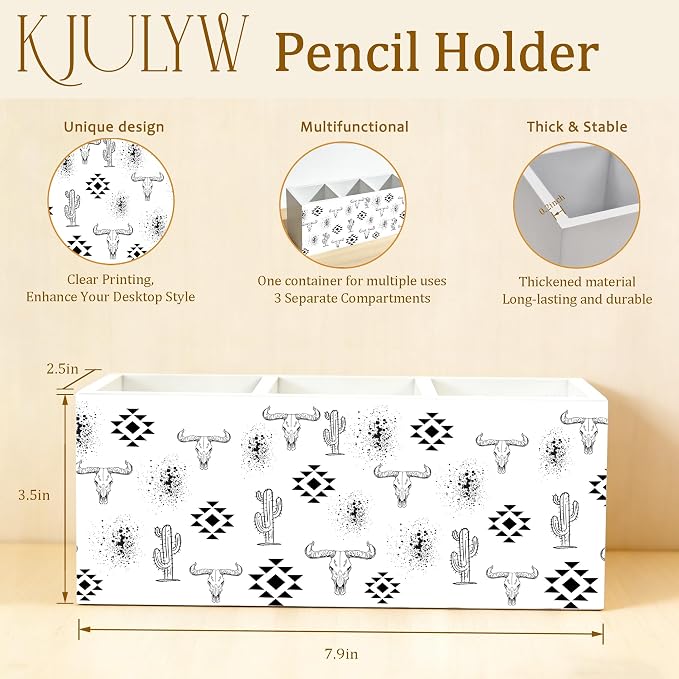 Western Desk Accessories Pen Holder, Western Office Decor, Boho Aztec Bull Skull Cactus Wooden Box Pencil Pen Holder Organizer for Home Office Desk Accessories