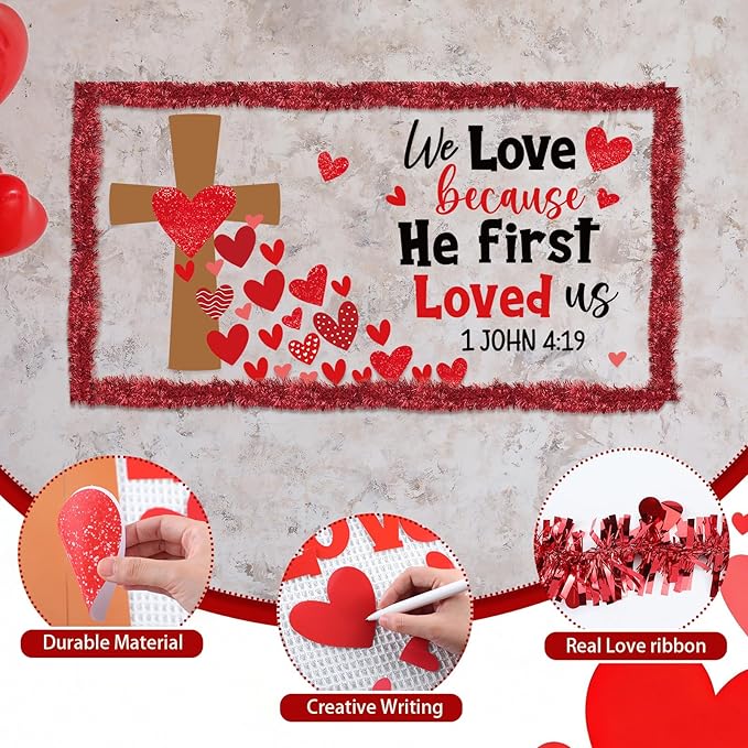 Fuutreo 44 Pcs Valentine's Day Christian Bulletin Board Decor We Love Because He First Loved Us Christian Jesus Bulletin Board Religious Heart Cutouts with Tinsel Twist Garland for Valentine Decor