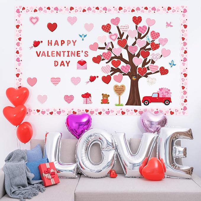 136Pcs Valentine’s Day Tree Bulletin Board Classroom Decoration Set Heart Bulletin Board Name Tags Hearts Tree Cutouts Chalkboard Wall Decor for Elementary School Home Valentines Supplies
