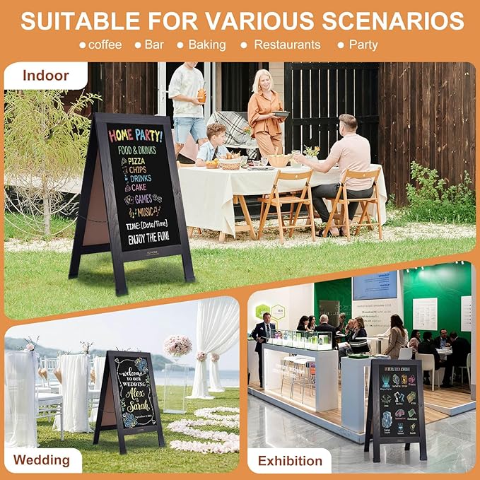 Wood Magnetic A-Frame Chalkboard Signs, 40" x 20" Large Sandwich Board Signs Outdoor, Double-Sided Sidewalk Blackboard for Business, Wedding, Vendor Display, Coffee Shope - Black