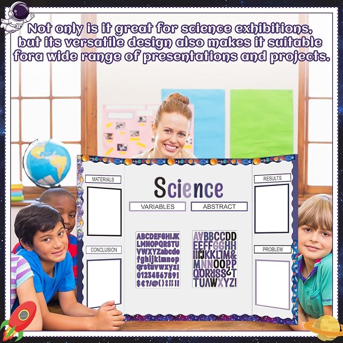 129Pcs Planet Space Science Fair Board Supplies Includes Self Adhesive Science Fair Project Titles Subtitles Presentation Bulletin Border Letter Stickers Scalloped Bulletin Border for Classroom Office