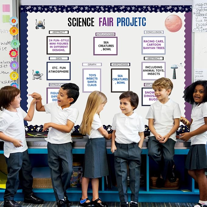 Sinload 92 Pcs Science Fair Board Supplies 60 Trim Scalloped Poster Boards 18 Presentation Subtitles 6 Project Titles 8 Letter Sticker for Classroom Display Boards (Purple,Space)