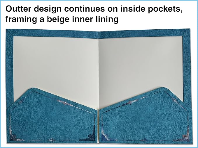 12 Pack Decorative File Folders in Matching Resuable Rigid Box, Violet Silver Ornate Design On Blue Leather, Letter Size 9.2x11.7 Colored Folders, Full Color Outside & On Pockets with Beige Lining