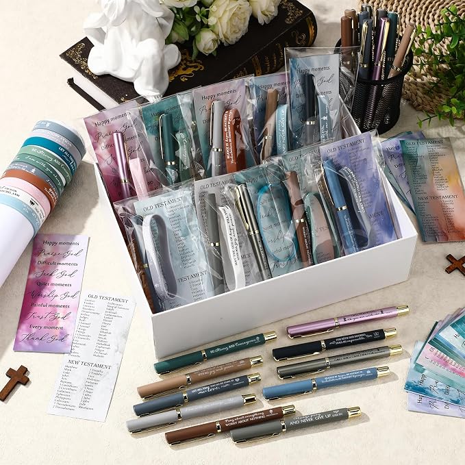 Gueevin 40 Sets Christian Gifts Bulk for Father Religious Faith Bookmarks Bible Verse Gel Pen Bible Scripture Silicone Bracelet for Men Women Church Basket Stuffers(Color,Watercolor)