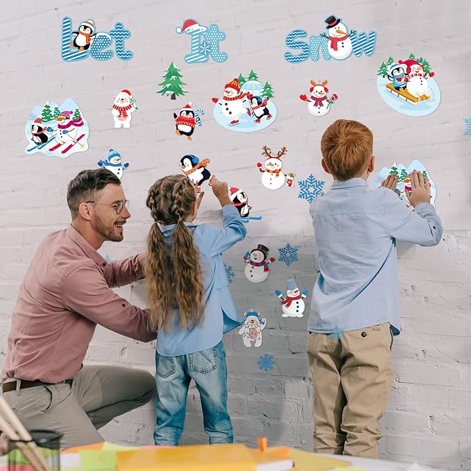 Faccito 62 Pcs Winter Bulletin Board Decorations Penguin Snowflake Snowman Cutouts Christmas Tree Cutouts Winter Snow Bulletin Board Set with Glue Point Dot for Xmas Holiday Classroom Home Party Suppy