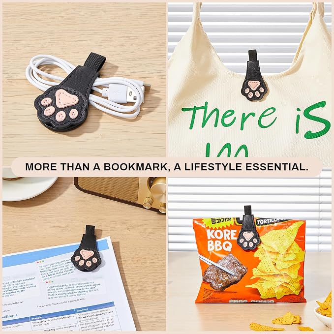2Pcs Magnetic Bookmarks with Gift Box Magnetic Pen Holder for Notebook Cat Book Marks Clip Gift for Book Lover Readers Cute PU Leather Bookmark for Women, Paw (Black+Black)