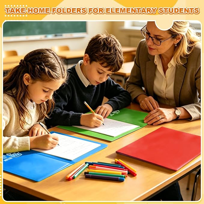 24 Pcs Back to School Take Home Folders for Elementary Students 2 Pocket Folders with Clear Front Pocket 4 Inner Pockets Plastic Parent Teacher Communication Folder 11.81 x 9.45 Inch (Mixed Color)