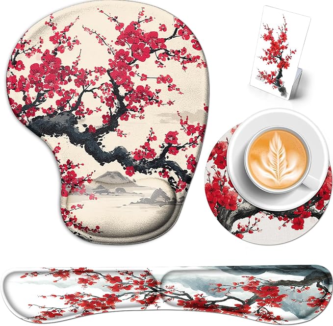 AQQA Japanese Desk Mat Set, Large Gaming Mouse Pad with Wrist Rest, Ergonomic Mouse Pad Keyboard Mat Wrist Support,Phone Holder,Cup Coaster,Home Office Desk Accessories Decor Supplies, Cherry Blossom