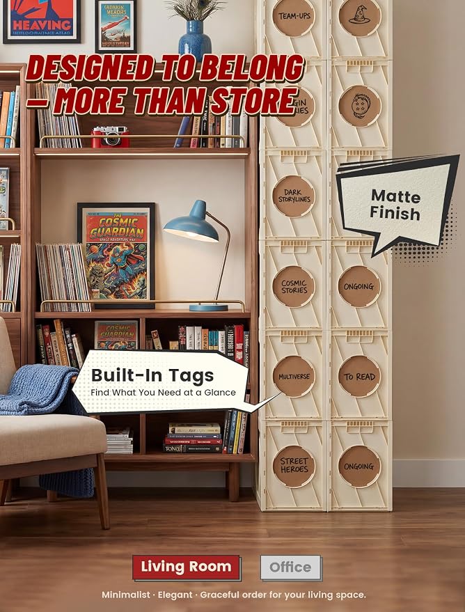 INMAKER Comic Book Storage Box, Holds Up to 150 Comics, Acid Free Plastic Book Bin with 2 Adjustable Dividers (Warm White)
