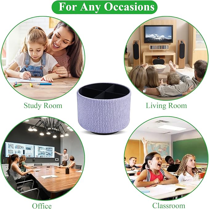 Round Leather Art Supply Organizer,Remote Control Holder,360 Degree Spinning,Multi-Functional Pencil Holder,4 Compartments Desktop Stationary Organizer(1-Wood Blue Purple)