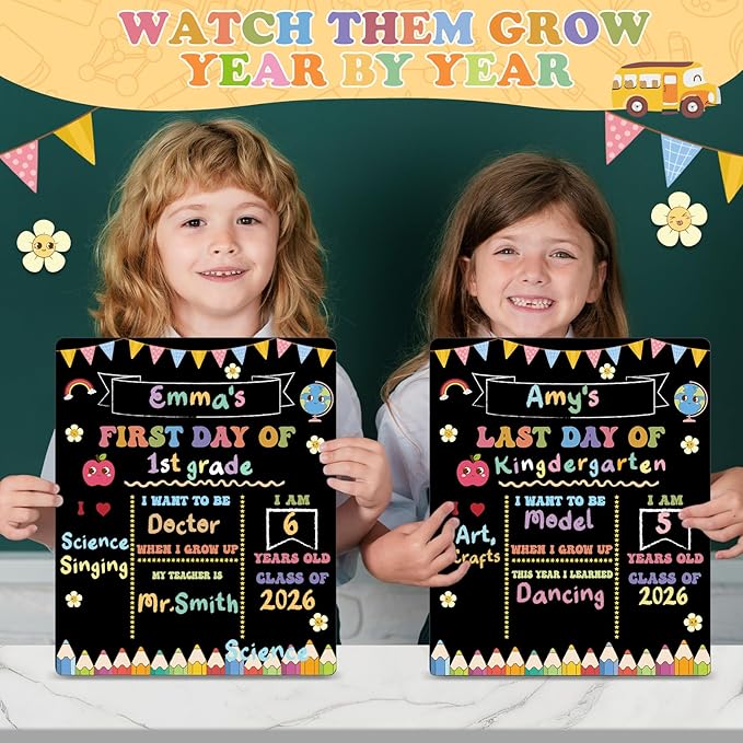 AmazingSpark First and Last Day of School Sign Board Double Sided 1st Back to School Supplies 10"x12" for Kids Preschool Kindergarten Chalk Board, Cute Crayon Retro Groovy Photo Reusable(Vintage)
