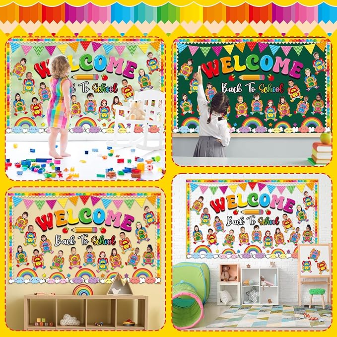 gisgfim Welcome Back to School Bulletin Board Decorations Set Schoolbag Paper Cutouts Colorful Cartoon Backpack Classroom DIY Photo Craft Bulletin Board Decor for Preschool Home Door Chalkboard Wall