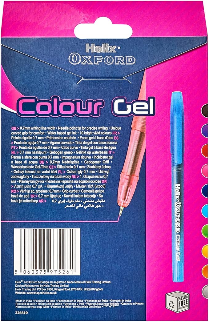 Helix Oxford Colour Gel Pens (x10 Pack Assorted Colours) with Plastic Free Packaging, 10 Count (Pack of 1)