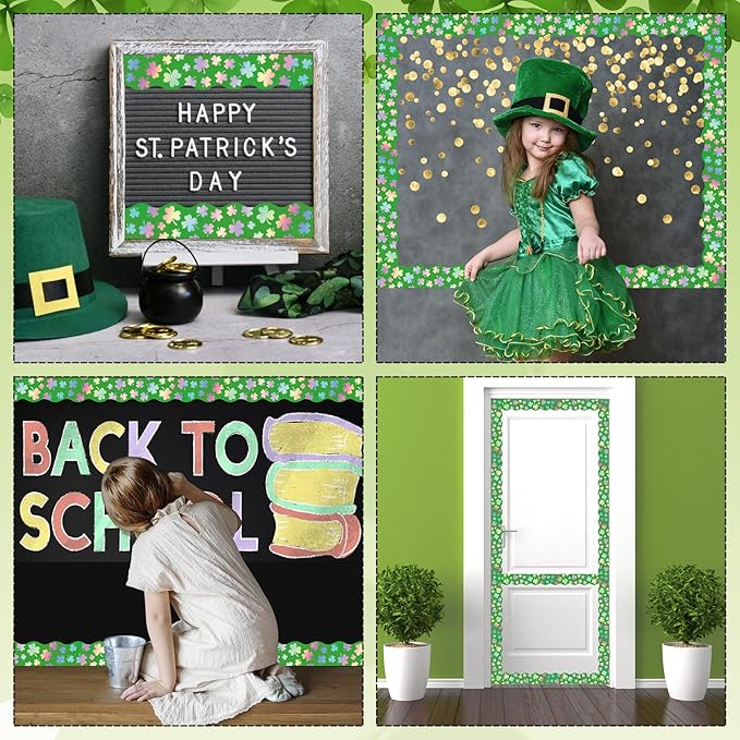 AnyDesign 32.8 Ft St. Patrick's Day Shamrock Bulletin Board Border Holographic Green Clover Scalloped Die Cut Border Trim Roll for Irish Party Home Classroom Wall Decoration