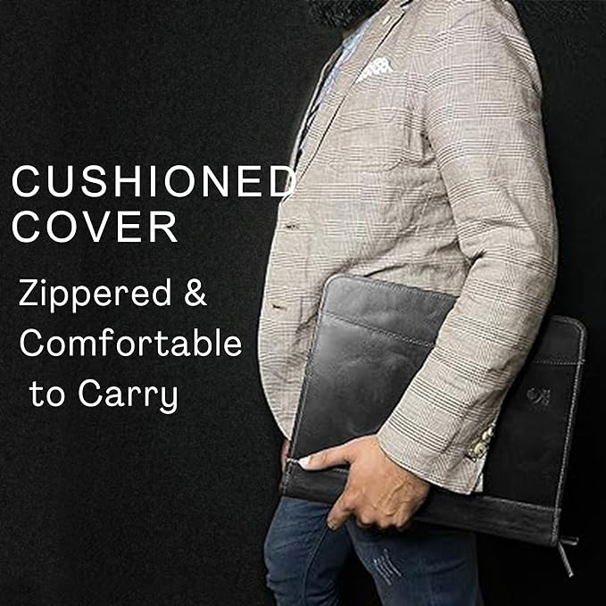 Leather Portfolio for Men - Full Grain Leather Padfolio Folder - Zipper Folio Documents Organizer - Professional Business Executive Gift for Men Women
