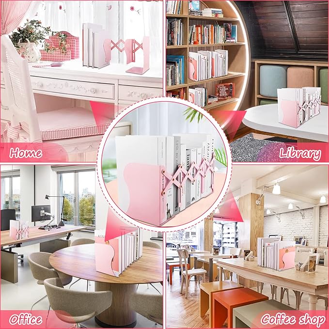 Non Skid Book Ends to Hold Books, Carooyac Heavy Duty Bookends Adjustable Book End, Metal Bookends for Shelves, Pink Book Holders Organizer for Bookshelf Desk - Extends up to 19"
