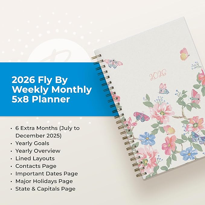 Blue Sky 2026 Weekly and Monthly Planner Calendar, January 2026 - December 2026, 5" x 8", Flexible Frosted Cover, Laminated Tabs, Durable Twin Wire Binding, Fly By