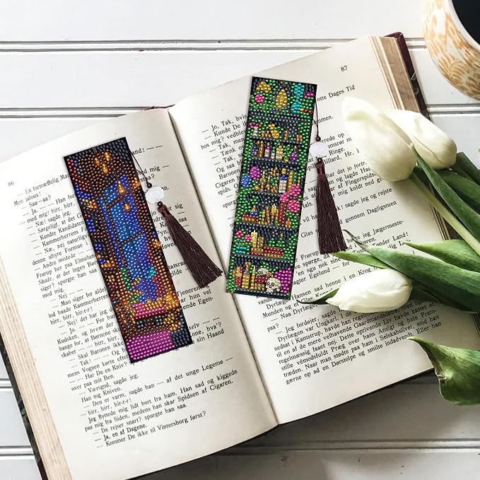Dark Academia Diamond Art Bookmarks, 8 Pcs Enchanted Library Fantasy Diamond Painting Bookmark Kits for Adults, DIY Crafts Book Marks with Tassels for Reading Women Book Lover Gifts