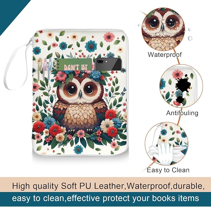 Owls Book Sleeve Book Pouch, PU Leather Waterproof Kindle Pouch, Cute Book Protector Case with Zipper, 12.6"x 9.4" Print Portable Book Cover Bag for Book Lovers Gifts Paperbacks Bibles
