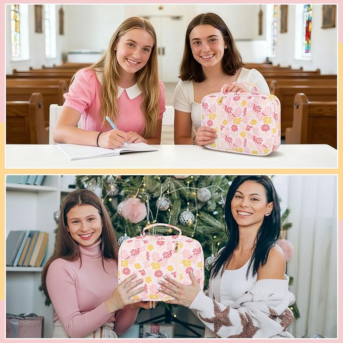 BESARME Pink Flower Bible Cover Case for Women, Large Bible Case Bibles Bag Bibles Study Supplies Christian Gifts Religious Easter Gifts for Girls