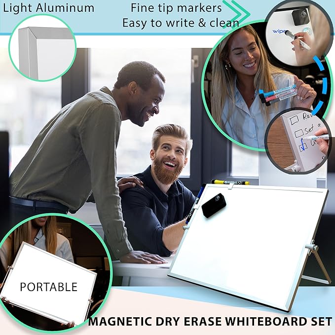 12x16 Magnetic Whiteboard with Stand - Double-Sided Dry Erase Board, Black Frame, 8 Fine-Tip Markers, 4 Magnets & Eraser | Desk, Wall & Lapboard Use