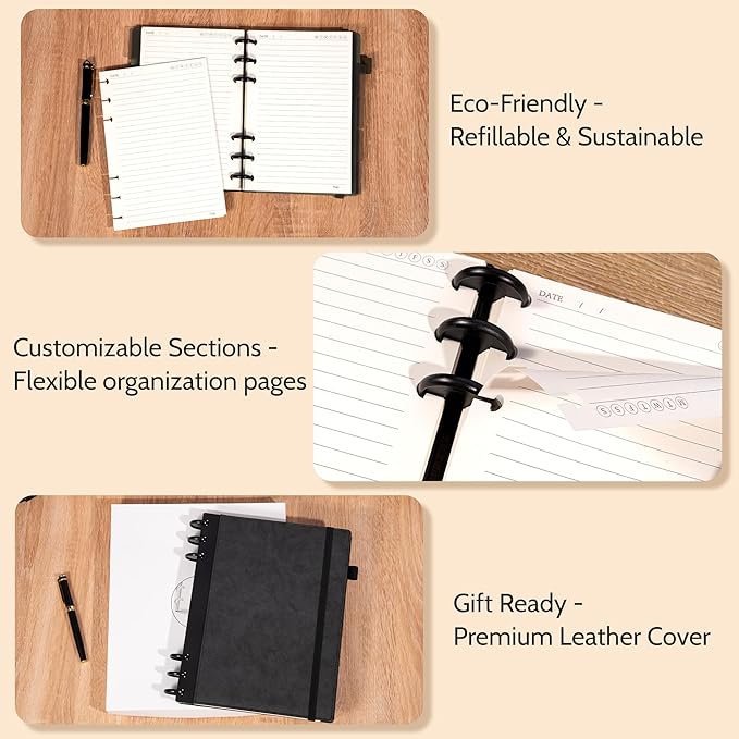 Yoment Refillable Notebooks for Work 5 Subject with Removable Dividers Tabs 240 Pages Hardcover Leather Journals for Writing Large Discbound Planner Colleged Ruled Paper for Men 8.58 x 11,Black