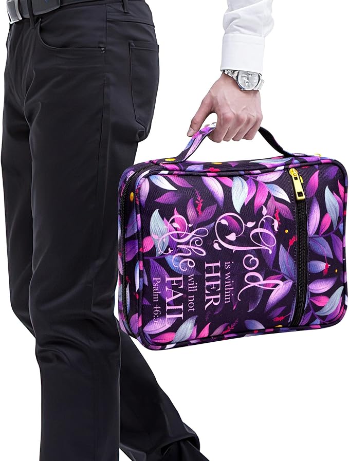 Bible Cover for Women, Bible Holder, Bible Cover Carrier Carrying Organizer Bag, God is Within Her She Will Not Fall, Zipper and Pockets for Standard Size Bible, Gift for Women(Pink1)