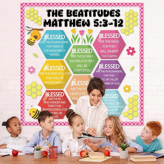 QOUBAI Christian Bulletin Board Decoration The Beatitudes Matthew 5:3-12 Classroom Decoration Motivational Bible Verse Paper Cutouts for Back to School Sunday School Church Parish Decor(Sunshine)