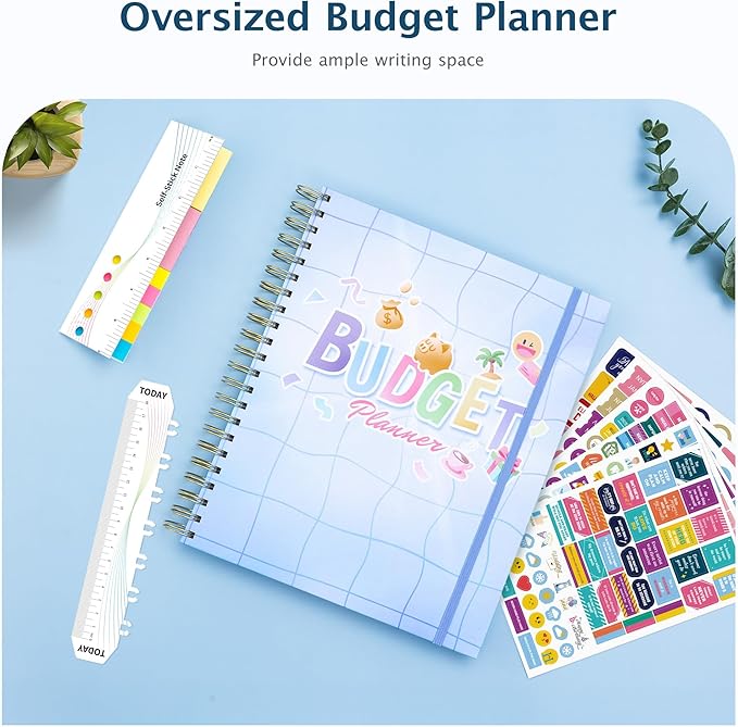 Ospelelf Budget Planner Undated, Money Expense Tracker with Pockets & Stickers, Thick Cardboard Cover, Large Pages for Spacious Writing, Original Fun Colorful Design, 12 Month Financial Notebook, Blue Pool