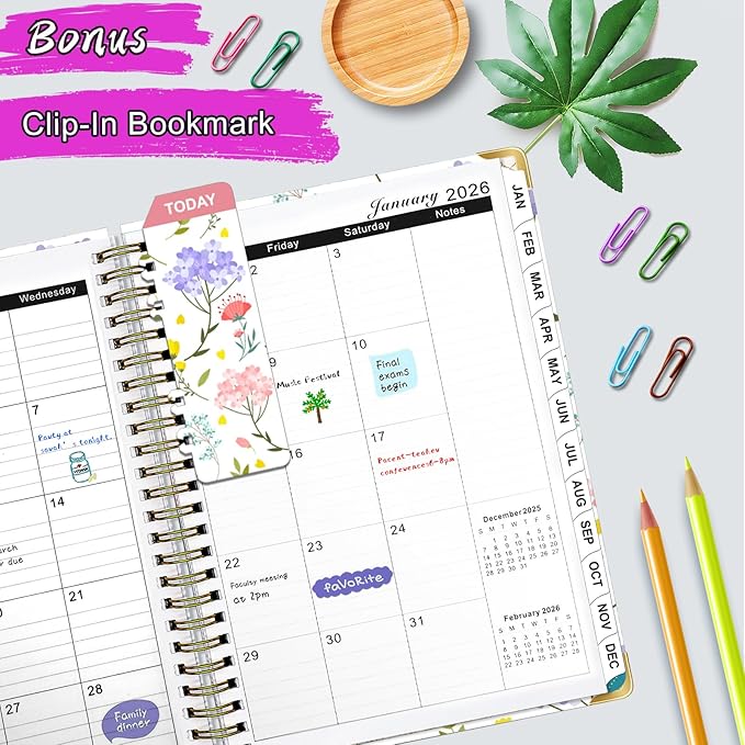Weekly Monthly Planner 2026, Weekly Planner from Jan. 2026 - Dec. 2026, 6.3" X 8.5" Daily Planners with Tabs, Bookmark, Calendar Notebook for Women Girls, Planners Spiral Bound at School/Office