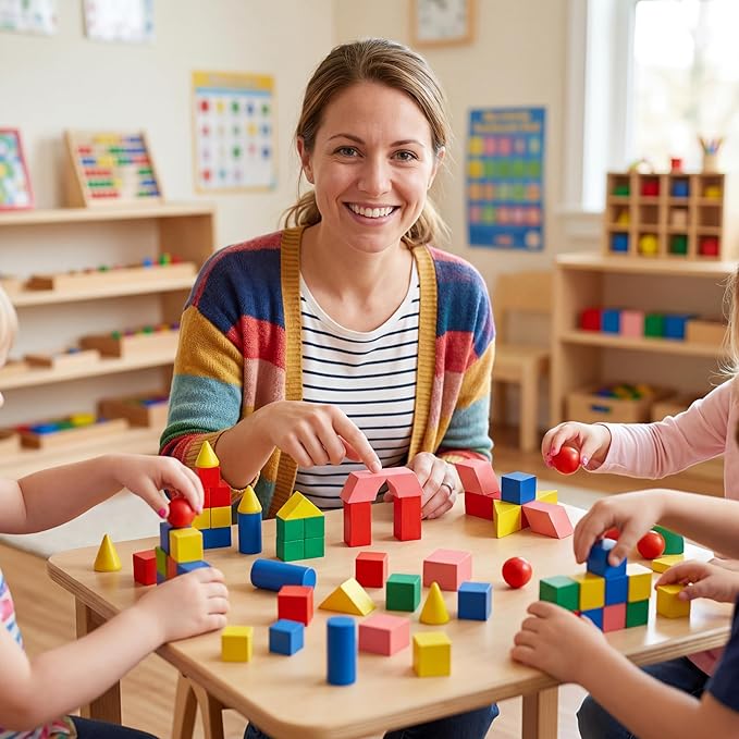 140 Pcs Mini 3D Shapes for Teaching, Wood Geometric Solids, Geometric Shapes 3D Shape Blocks, Classroom Manipulatives for Elementary School Geometry Math Kindergarten Preschool Learning