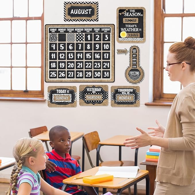 Cholemy 85 Pcs Calendar Bulletin Board Set Classroom Calendar Bulletin Board with Numbers Month Weather Classroom Decoration Wall Decor for Chalkboard Back to School Supplies(Rustic)