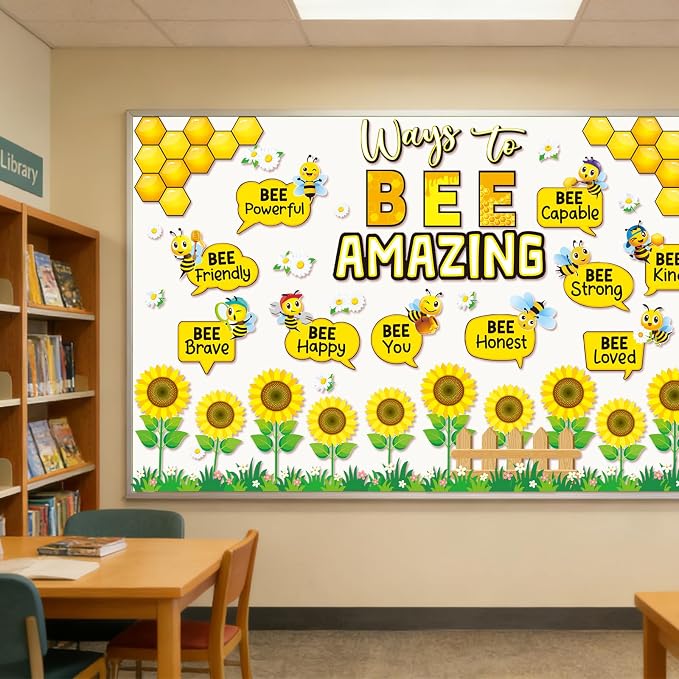 60 PCS Bee Theme Classroom Decorations- Bee Hive Cutouts Bee Bulletin Board Decoration Set Sunflower Cutouts Decor for Bulletin Board Classroom Back to School Library Hoom Window Wall Bee Theme Decor