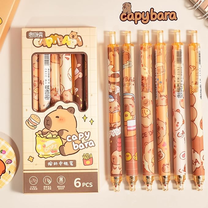 12 Pcs Cartoon Retractable Gel Ink Pens, 0.5mm Fine Tip Black Ink Cute Capybara Pen Set, Ideal for Office, School, Women & Men (Black Ink - Capybara)