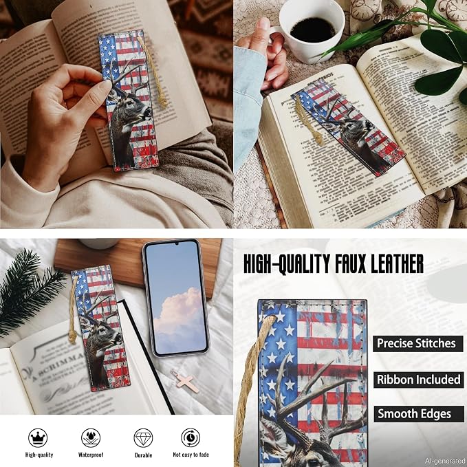 Lotusorchid American Flag Deer Print Bible Cover with Matched Book Marks for Women, PU Leather Bible Carrying Case Bible Bag for Men Protective Bible Case with Pen Storage, Size L