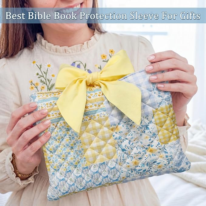 Honoson Quilted Bow Bible Sleeve Cover Case Padded Protector Washable Bible Bag Pouch Christian Gift for Women Girls Book Lover Gifts (Blue Yellow Patchwork)