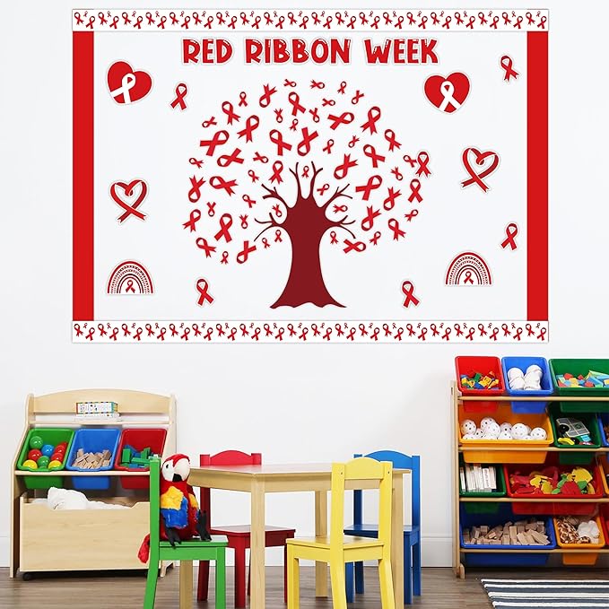 126Pcs Red Ribbon Drugs Awareness Bulletin Board Classroom Decoration Set, Red Ribbon Week Cutouts Say No to Drugs Poster School Classroom Charity Event Party Supplies Chalkboard Wall Decor