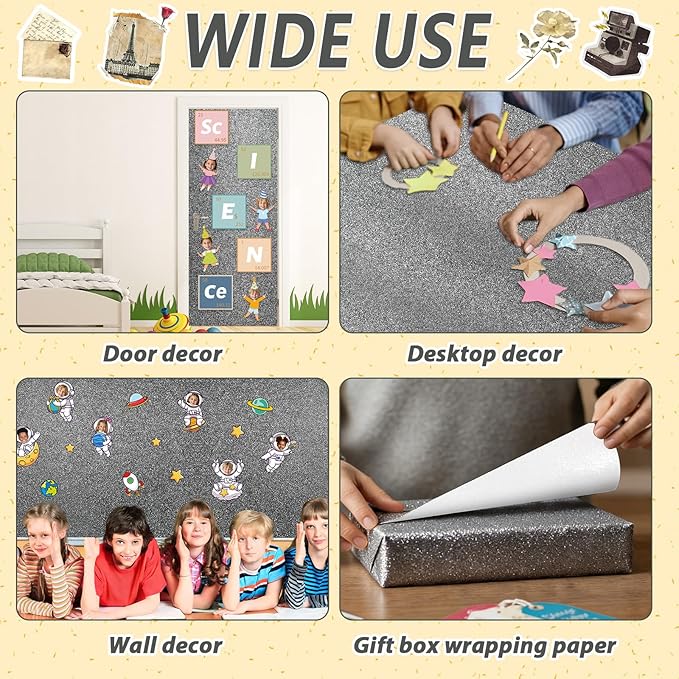 Glitter Bulletin Board Paper Roll Sparkle Wrapping Paper Bulletin Board Decor Glitter Poster Gift Wrapping DIY Art Crafts Wallpaper Background for Home Office Classroom Decoration 17" x 20ft, Gray