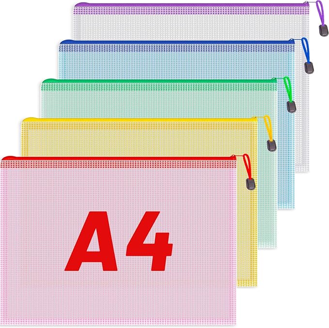 Koogel 5PCS Mesh Zipper Pouch Bags, A4 Zipper File Bags for Organizing Storage, Waterproof Plastic Pencil Pouches, Reusable File Bag for School, Office Classroom Organization Supplies, 5 Colors