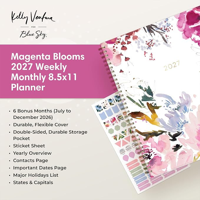 Blue Sky Kelly Ventura 2027 Weekly and Monthly Planner Calendar, January 2027 - December 2027, 8.5" x 11", Flexible Cover, Laminated Tabs, Durable Twin Wire Binding, Storage Pocket, Includes Sticker Sheet, Magenta Blooms