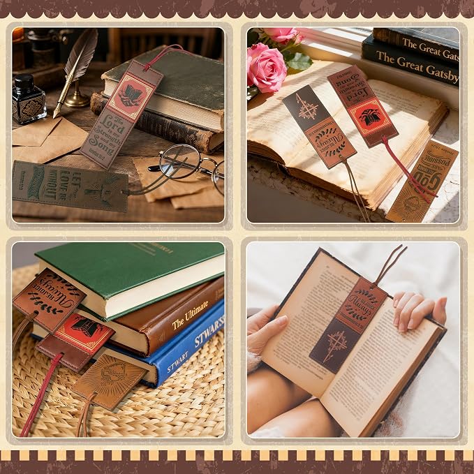 8PCS Leather Bookmark Bible Bookmarks for Reading Women Men Teacher Book Lovers Gifts, Stitched Religious Christian Bookmark Page Markers Inspirational Bible Verse Scripture Book Marks (Vintage)
