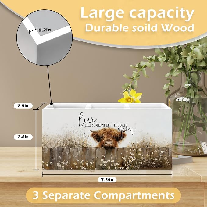 Inspirational Highland Cow Pen Pencil Holder, Highland Cow Gifts for Women, Live Like Someone Left the Gate Open Wooden Pen Pencil Organizer for Farmhouse Home Office Desk Decor