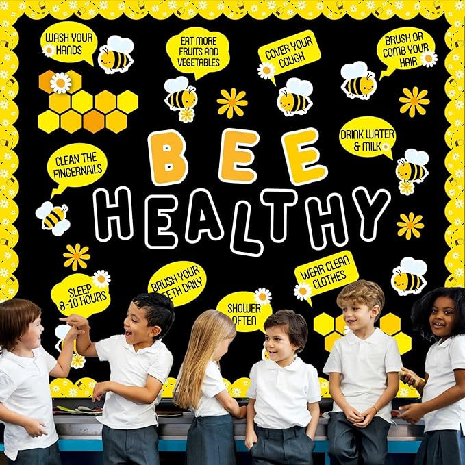 Bee Bulletin Board Decorations Set Spring Beneficial Habits Bulletin Board Bee Healthy Daisy Paper Cutouts for Classroom Back to School Home Office Teacher Chalkboard Wall Door Decor Supplies