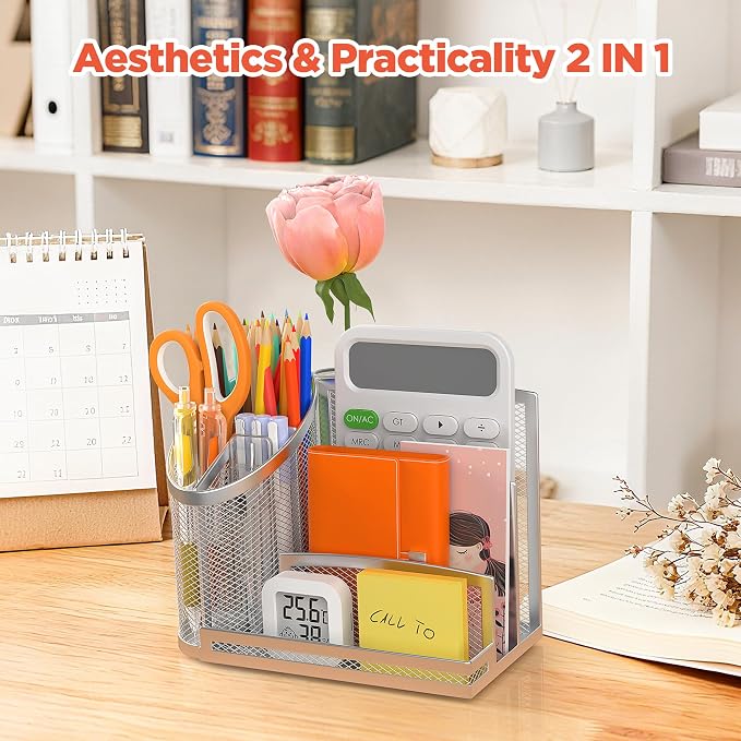 3 Compartment Pen Holder with Vertical Mail Organizer and Flower Tube, Metal Mesh Desk Organizer Modern Decor Aesthetic-Paper Letter Sorter Ideal for Pencil,Envelope and File(Silver)