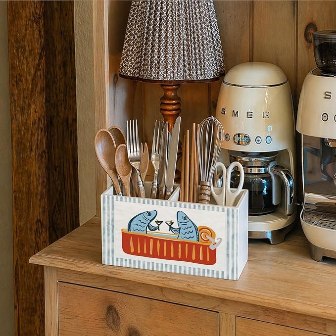 Funny Sardine Fish Pen Pencil Holder for Desk, Coastal Beach Office Decor, Blue Striped Fish Martini Pencil Holders Wooden Box Organizer for Home Bedroom Office Desk Tabletop