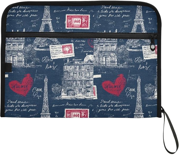 Vintage Paris Navy Blue Accordion File Organizer Expanding Document Folder with 13 Pockets Portable File Folder for A4 Letter Size