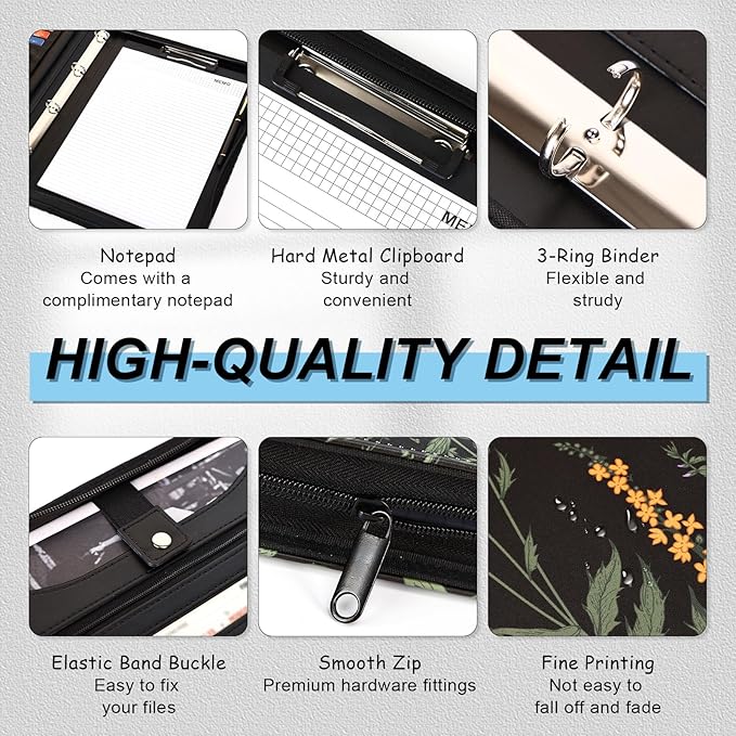 Eshow Portfolio Organizer - 3 Ring Binder with Zipper, Vegan Leather Business Padfolio Folder with Notepad Includes 5 Colorful Sheet Protectors for Documents Files for Women