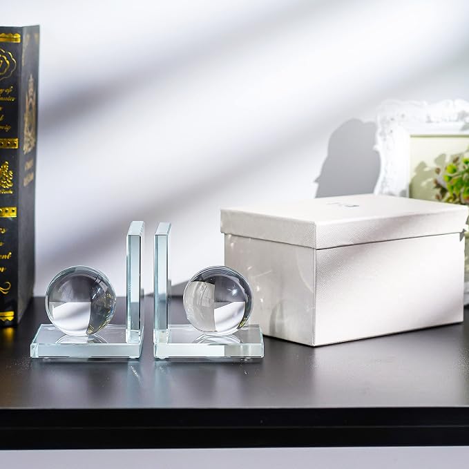 1 Pair Crystal Bookends with Crystal Ball Decorative Ornaments,L Shape Non-Skid Sturdy Book Ends for Heavy Books,Book Holder Stopper for Shelf Office Home (4inch,Clear)